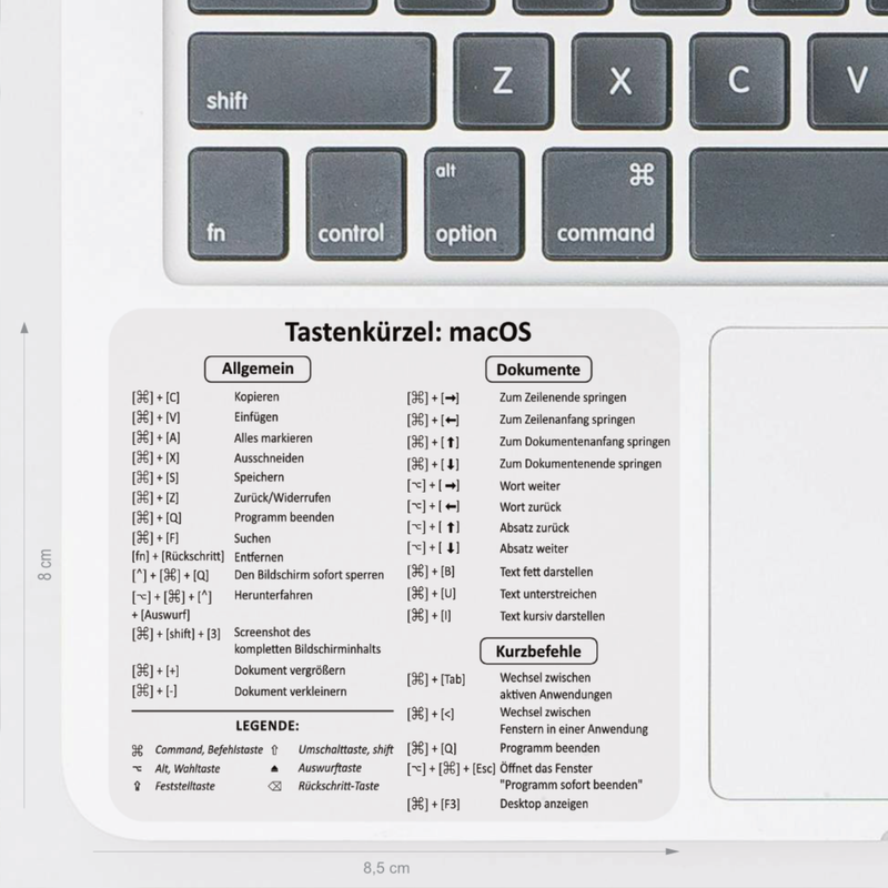 Laptop Aufkleber mit Shortcuts für macOS.