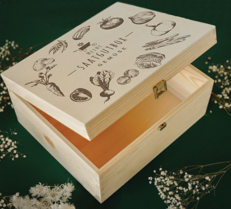 Gravierte Holzbox mit Gemüsesaatgut