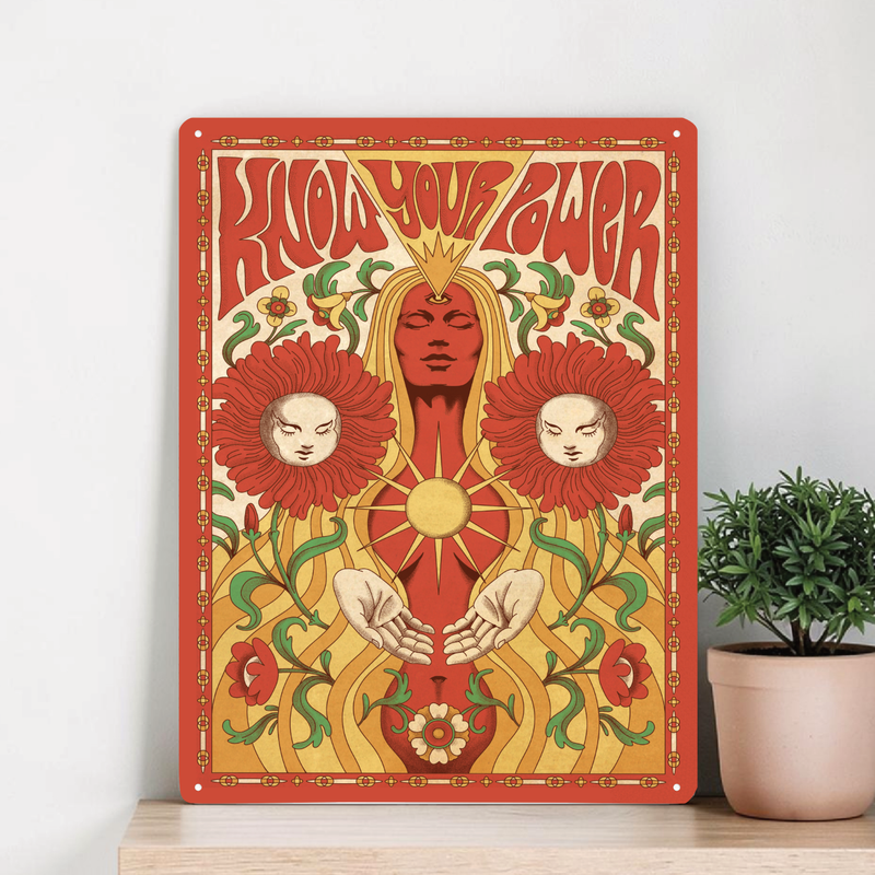 Farbenfrohes Retro-Design im 70er-Jahre-Stil mit typischen Hippie-Elementen und warmen Vintage-Farben. Abgebildet als Papierposter oder robustes Metallschild mit vier Eckbohrungen.
