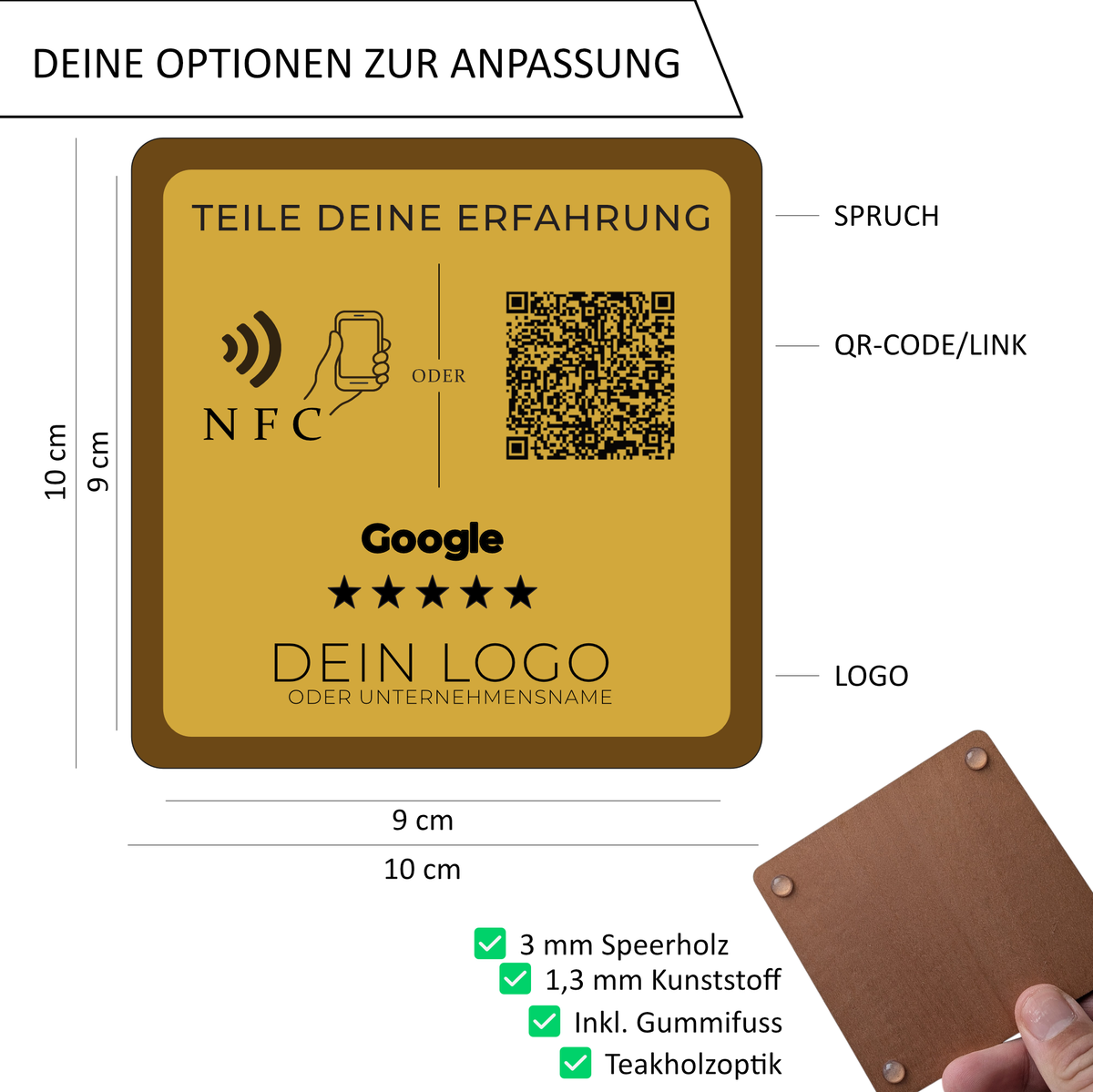 Quadratischer, moderner Aufsteller (10x10 cm) aus Teak-Holz mit einer gold-glänzenden Kunststoff-Oberfläche. Aufgraviert sind ein Instagram-Logo, ein QR-Code und der dezente Hinweis auf die integrierte NFC-Technologie.