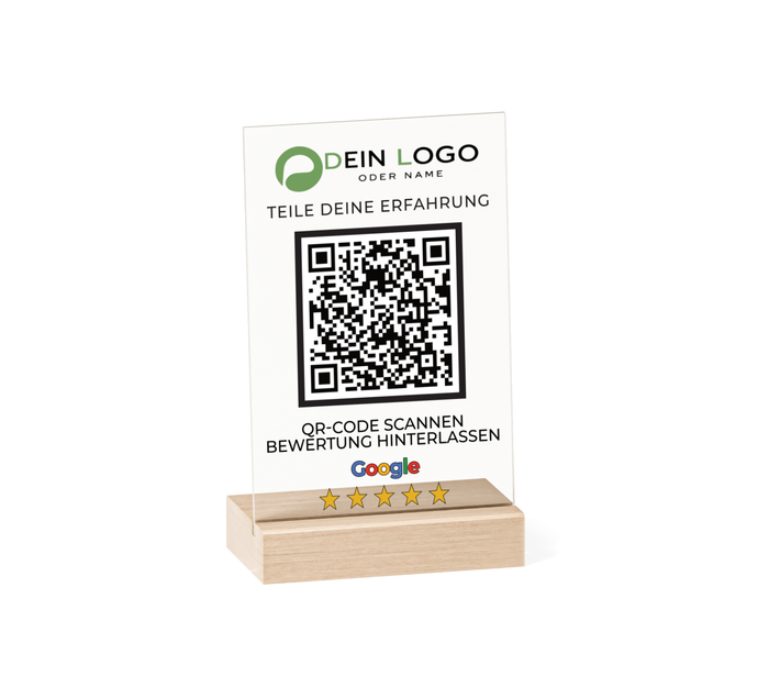 Google Bewertung QR-Code Aufsteller (15x10 cm) Material: Acrylglas + Holzsockel Personalisierung: QR-Code + Logo/Name Entwurf zur Freigabe inklusive Ideal für Tresen, Empfang, Events