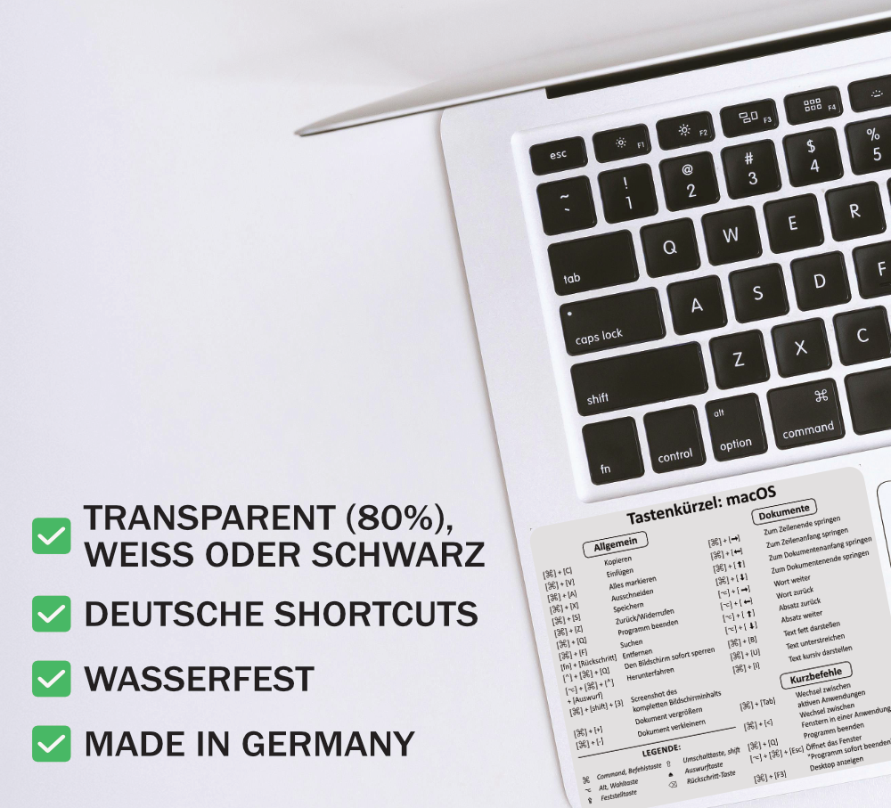 MacBook Shortcut Sticker (8,5 x 8 cm) mit deutschen macOS-Tastenkürzeln – wasserfest, abwaschbar, ideal für effizientes Arbeiten am Laptop.