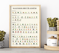 Saisonkalender für Obst und Gemüse als Küchenposter – mit Fotos und Jahreszeitenübersicht, nachhaltigem Design und Fineart-Druck, das Poster ist ideal als Küchendeko oder Geschenk für umweltbewusste Haushalte.