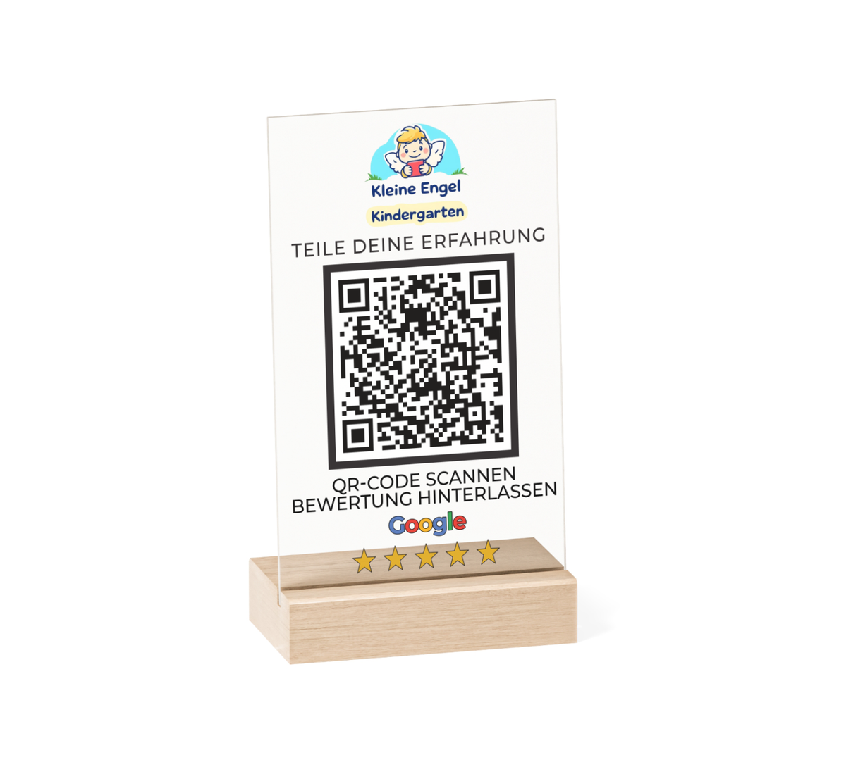Google Bewertung QR-Code Aufsteller (15x10 cm) Material: Acrylglas + Holzsockel Personalisierung: QR-Code + Logo/Name Entwurf zur Freigabe inklusive Ideal für Tresen, Empfang, Events