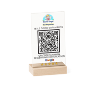 Google Bewertung QR-Code Aufsteller (15x10 cm) Material: Acrylglas + Holzsockel Personalisierung: QR-Code + Logo/Name Entwurf zur Freigabe inklusive Ideal für Tresen, Empfang, Events
