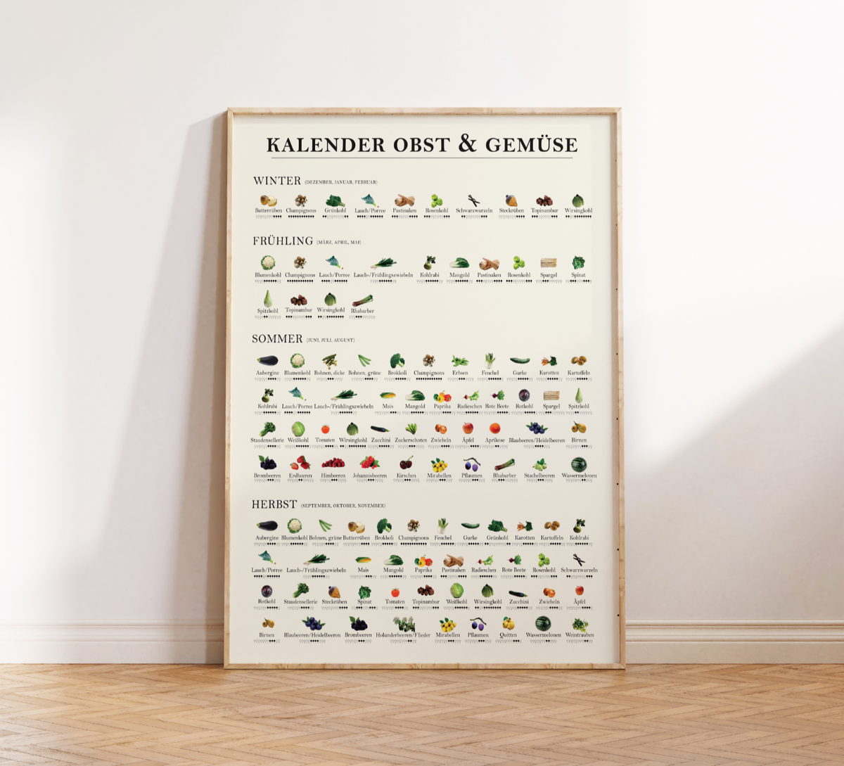 Saisonkalender für Obst und Gemüse als Küchenposter – mit Fotos und Jahreszeitenübersicht, nachhaltigem Design und Fineart-Druck, das Poster ist ideal als Küchendeko oder Geschenk für umweltbewusste Haushalte.