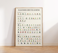 Saisonkalender für Obst und Gemüse als Küchenposter – mit Fotos und Jahreszeitenübersicht, nachhaltigem Design und Fineart-Druck, das Poster ist ideal als Küchendeko oder Geschenk für umweltbewusste Haushalte.