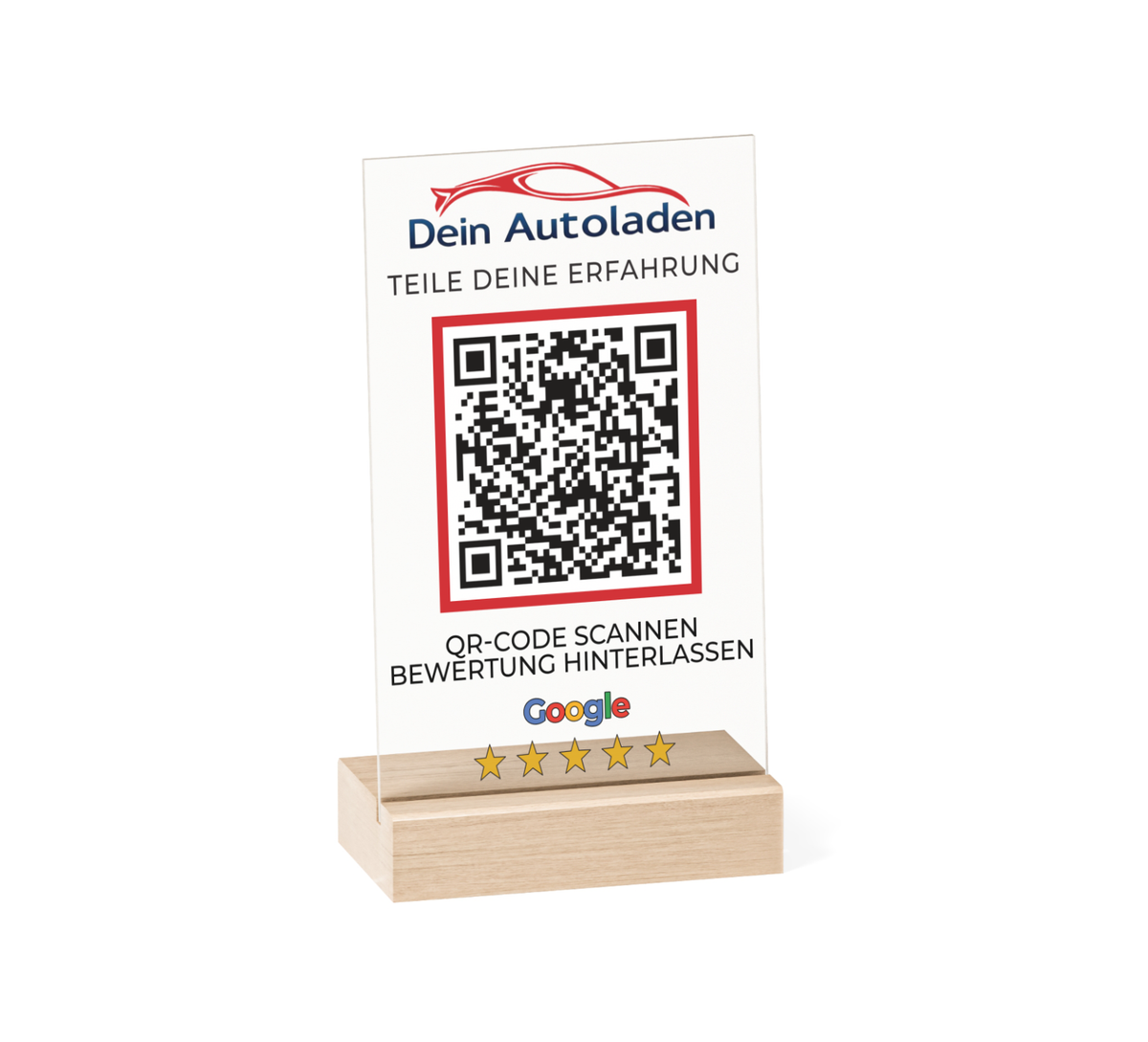Google Bewertung QR-Code Aufsteller (15x10 cm) Material: Acrylglas + Holzsockel Personalisierung: QR-Code + Logo/Name Entwurf zur Freigabe inklusive Ideal für Tresen, Empfang, Events