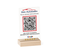 Google Bewertung QR-Code Aufsteller (15x10 cm) Material: Acrylglas + Holzsockel Personalisierung: QR-Code + Logo/Name Entwurf zur Freigabe inklusive Ideal für Tresen, Empfang, Events
