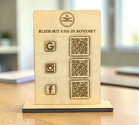 Social Medi, Google, Website QR-Code Aufsteller aus Holz – Individuell für Google, Website, Instagram, TikTok, LinkedIn & mehr. Wunschtext & Logo/Firmennamen gravierbar. Hochwertige Theke-Deko.