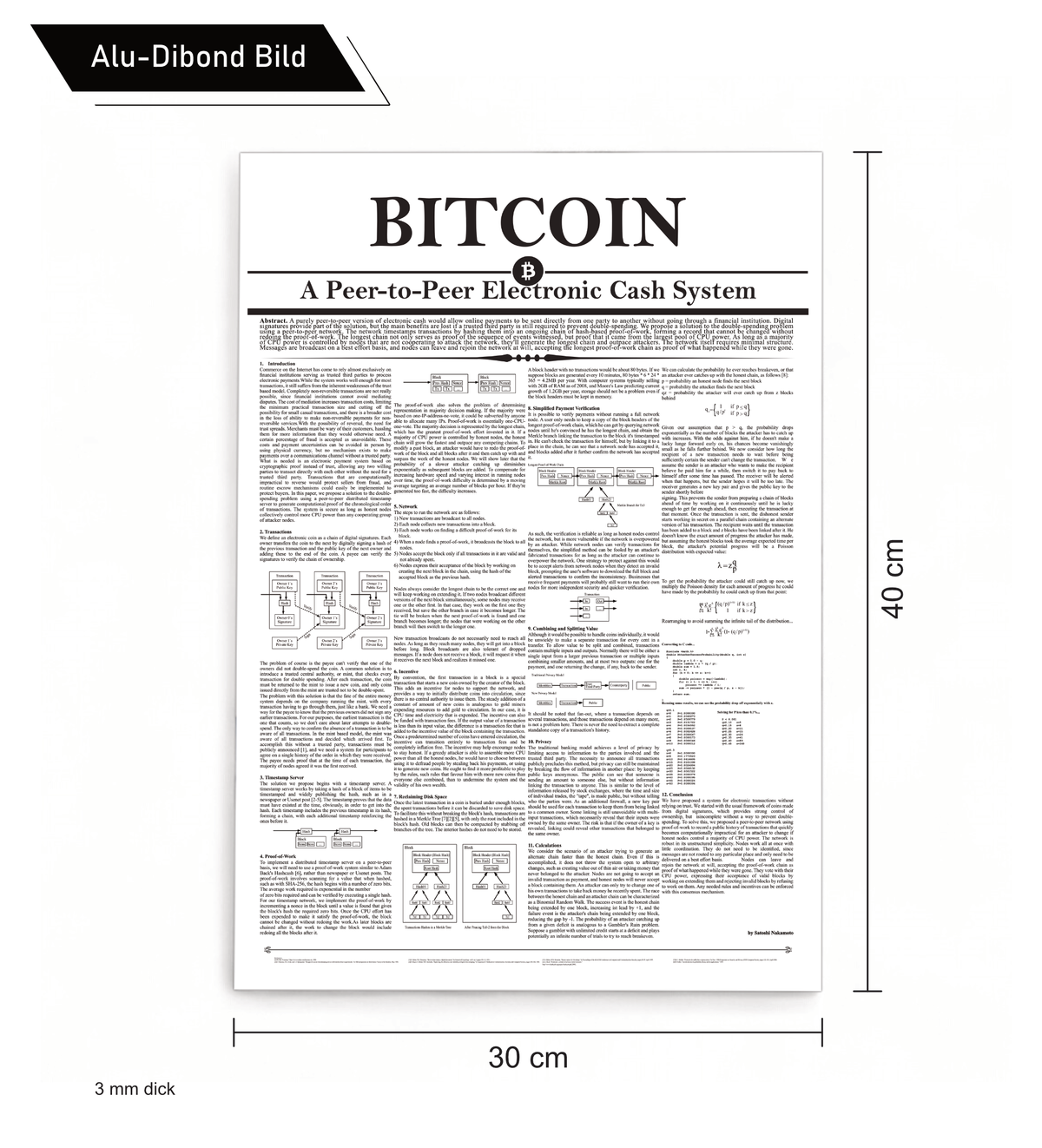 Minimalistisches Krypto-Wandbild des originalen Bitcoin Whitepapers von Satoshi Nakamoto. Erhältlich als als robuster 3mm Alu-Dibond-Direktdruck.