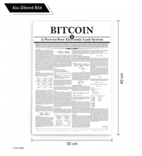 Minimalistisches Krypto-Wandbild des originalen Bitcoin Whitepapers von Satoshi Nakamoto. Erhältlich als als robuster 3mm Alu-Dibond-Direktdruck.