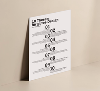 Minimalistisches Wandbild mit den 10 Thesen für gutes Design nach Dieter Rams. Hochwertiger, matter UV-Direktdruck auf einer stabilen 3mm Alu-Dibond Platte im Format 30x40 cm.