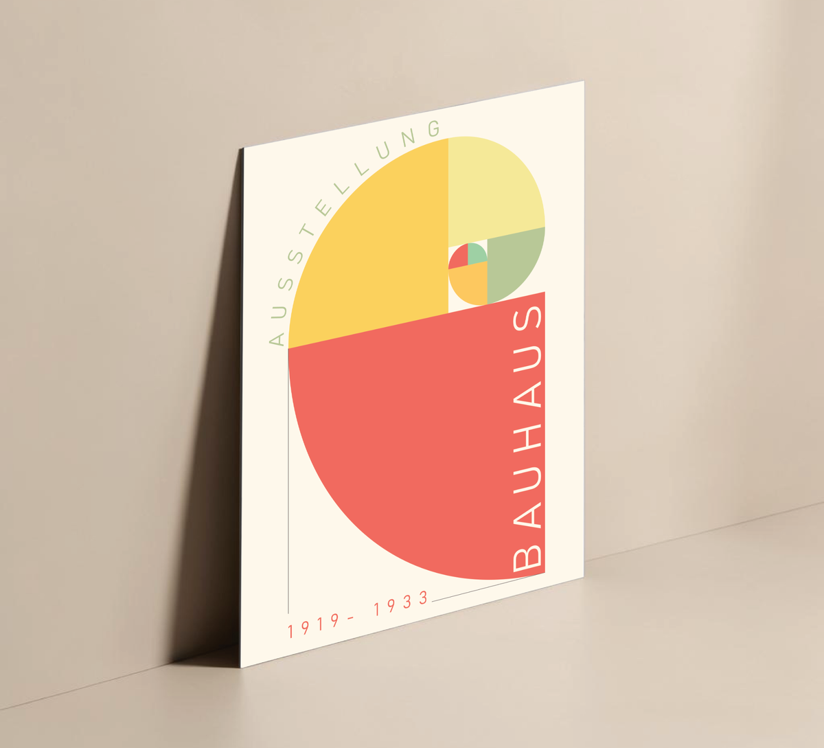 Minimalistisches Bauhaus-Wandbild auf Alu-Dibond, Motiv Goldener Schnitt und Fibonacci-Spirale, 30x40 cm, hochwertige matte Metall-Optik.