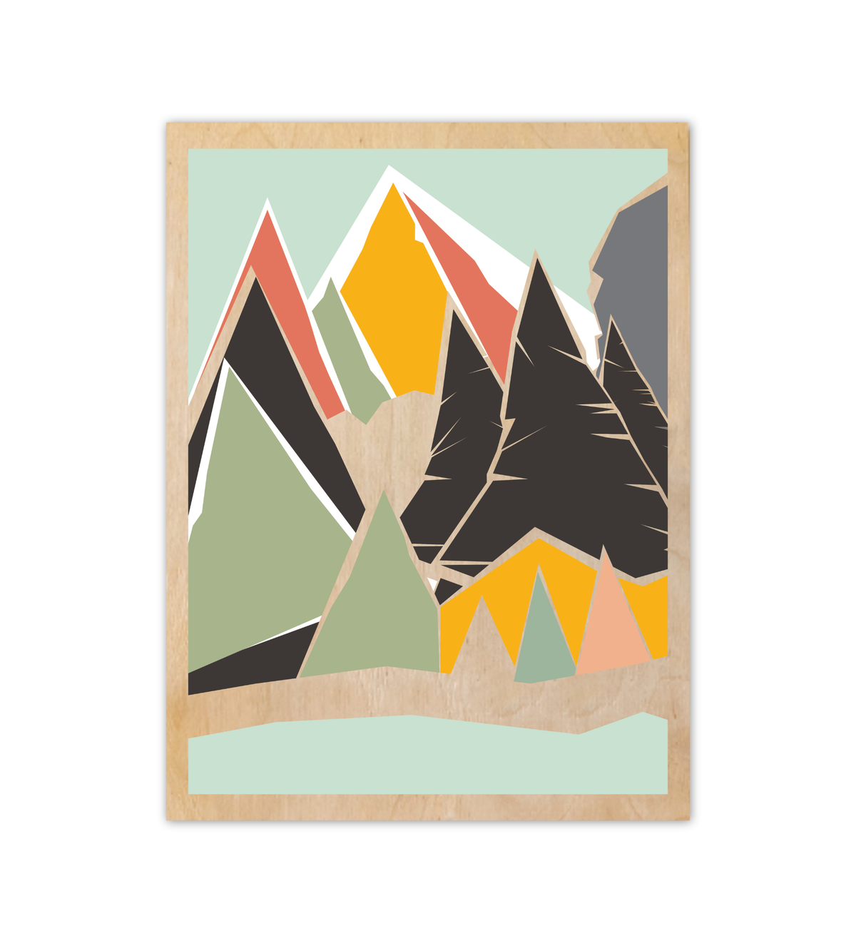 Illustration einer weiten Berglandschaft der Alpen, gedruckt auf einer 9mm dicken Birkensperrholz-Platte mit sichtbarer Holzmaserung. Format 30x40 cm, rustikaler und moderner Look.