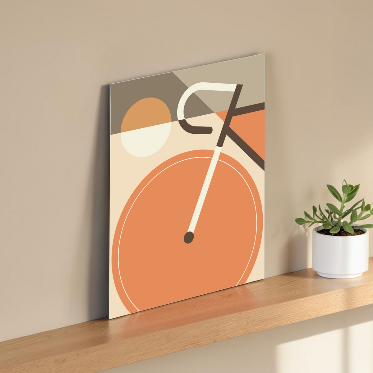 Modernes Fahrrad-Kunstwerk im Mid-Century Stil als UV-Direktdruck auf einer 3mm Alu-Dibond Platte, 30x40 cm, minimalistisches Design für Wanddekoration.