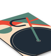 Modernes Fahrrad-Kunstwerk im Mid-Century Stil als UV-Direktdruck auf einer 3mm Alu-Dibond Platte, 30x40 cm, minimalistisches Design für Wanddekoration.
