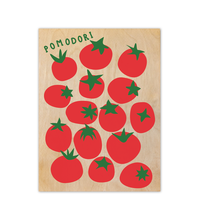 Vintage-Illustration von roten Tomaten auf einer stabilen Birkenholzplatte, Format 30x40 cm, rustikale Küchendekoration im italienischen Stil.