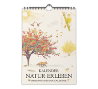 Immerwährender A4 Wandkalender mit naturgetreuen Zeichnungen von Tieren und Pflanzen, schwarzer Spiralbindung und einem Kalendarium, das die phänologischen Jahreszeiten erklärt.