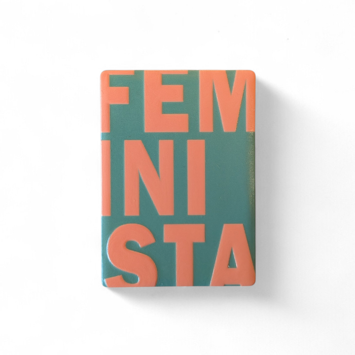 Rechteckiger Keramik-Kühlschrankmagnet mit dem Wort Feminista in Blau und Lachsfarben. Das Design ist im Format 7x5 cm mit einer deutlich sichtbaren 3D-Relief-Textur.