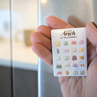 Rechteckiger Keramik-Kühlschrankmagnet (7x5 cm) mit seidenmatter Glasur. Auf weißem Grund steht der schwarze Spruch 'JEDER Arsch IST WILLKOMMEN' über 20 bunten, verschieden geformten Hintern im fühlbaren 3D-Relief.