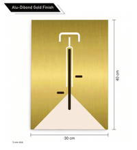 Minimalistische Bauhaus-Illustration eines Fahrrads in der Vorderansicht auf einer gebürsteten, gold-glänzenden Aluminiumplatte (Alu-Dibond). Das Design zeigt klare weiße und schwarze Linien vor einem edlen Metallhintergrund. Das Bild lehnt modern an einer weißen Wand zwischen zwei Zimmerpflanzen.
