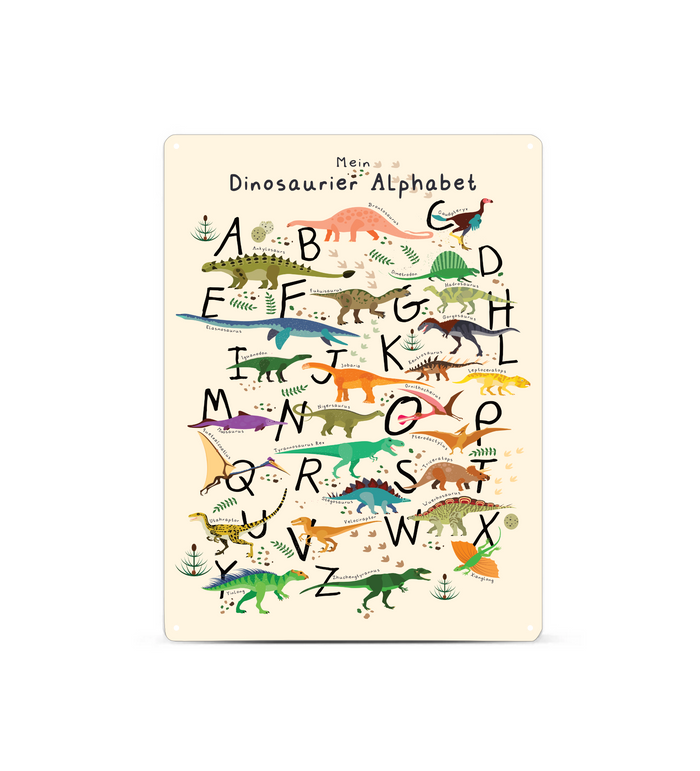 Farbenfrohes Dinosaurier ABC Poster für Kinder, dargestellt einmal als gerahmtes Papier-Poster und einmal als stabiles Metall-Blechschild mit abgerundeten Ecken und vier Bohrungen.