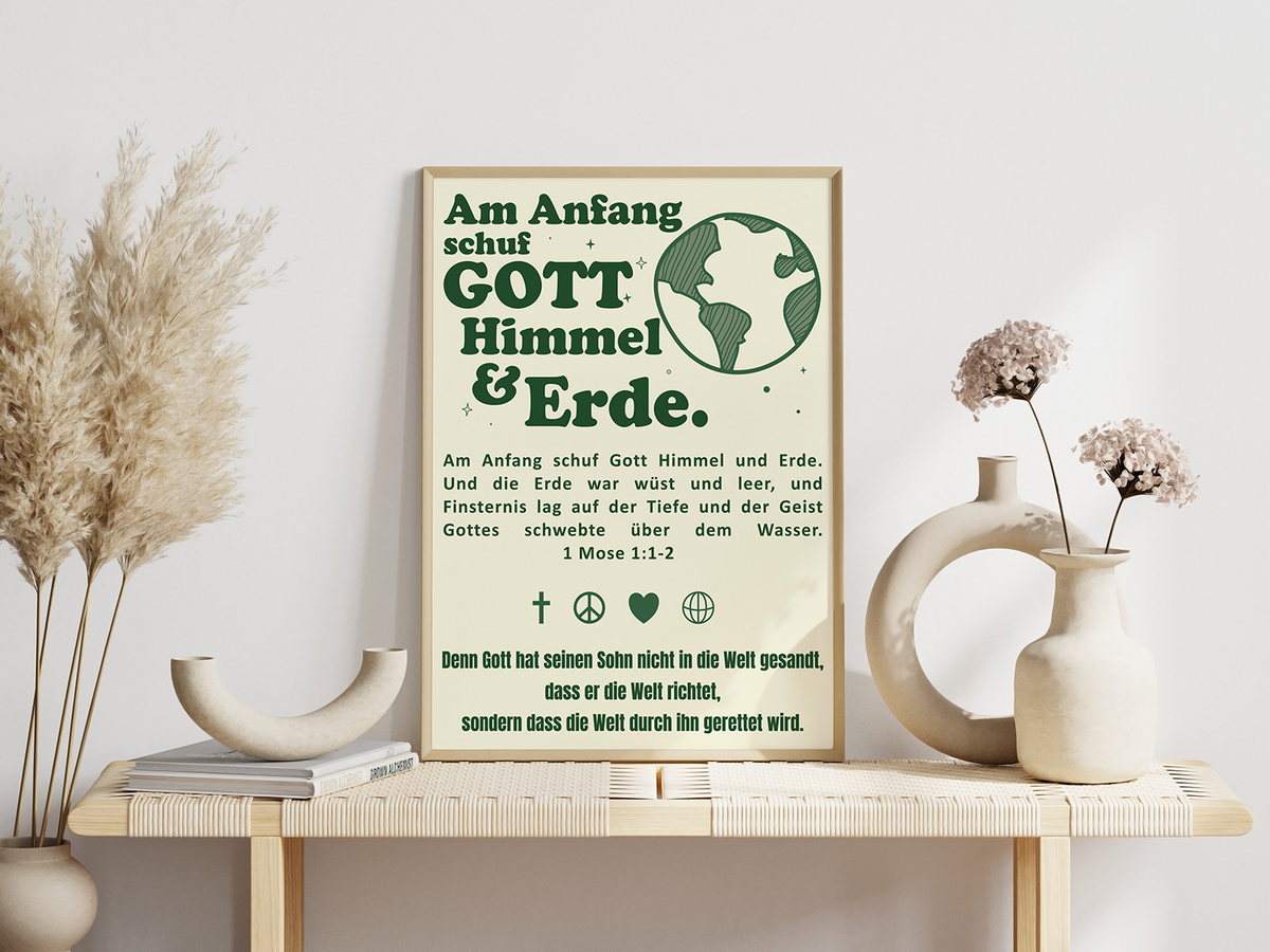 Dieses christliche Poster auf deutsch mit dem zeigt 1 Mose 1:1-2 "Am Anfang schuf Gott Himmel und Erde." 