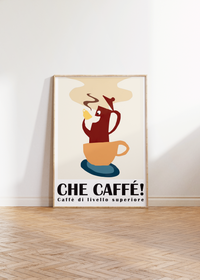 Dieses Poster für die Küche zeigt eine Darstellung einer Kaffeekanne in einer Kaffeetasse, die Kaffee trinkt