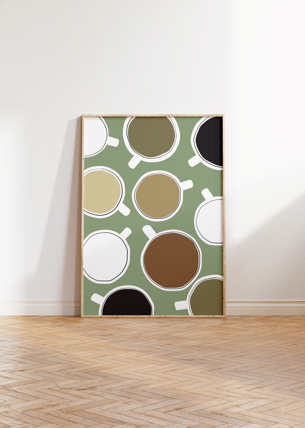 Dieses Poster für die Küche zeigt minimalistisch dargestellte Kaffeetassen in Braun und Grün.