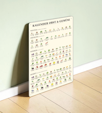 Saisonkalender für Obst und Gemüse als Küchenbild – liebevoll illustriert mit Jahreszeitenübersicht, nachhaltigem Design und UV-Druck auf 3mm Metallschild, das Bild ist ideal als Küchendeko oder Geschenk für umweltbewusste Haushalte.