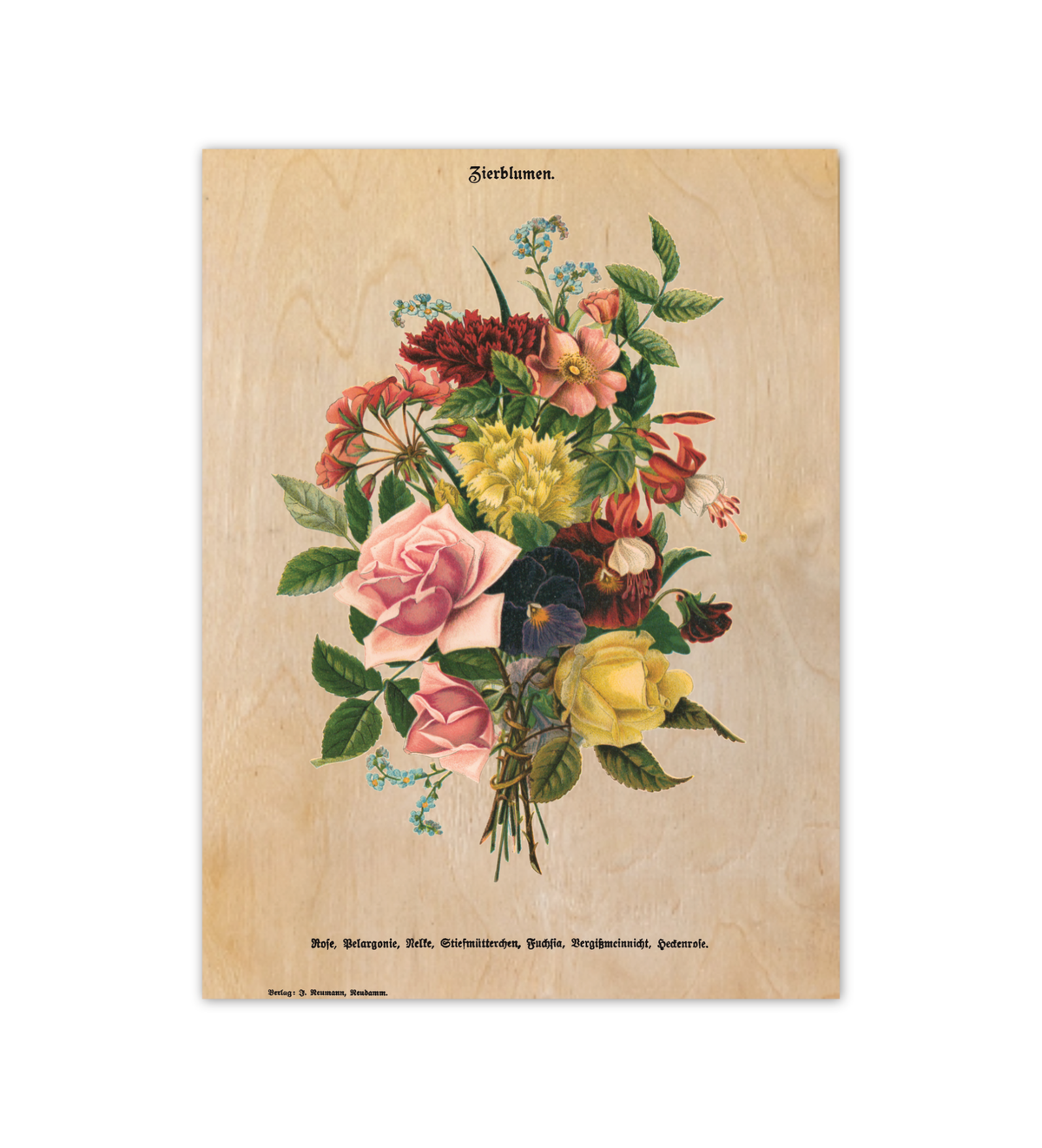 Vintage-Illustration bunter Blumen, hochwertiger UV-Druck auf einer 9mm dicken Birkensperrholzplatte im Format 30x40cm, natürliche Holzmaserung scheint leicht durch, rustikaler Look für die Wand.
