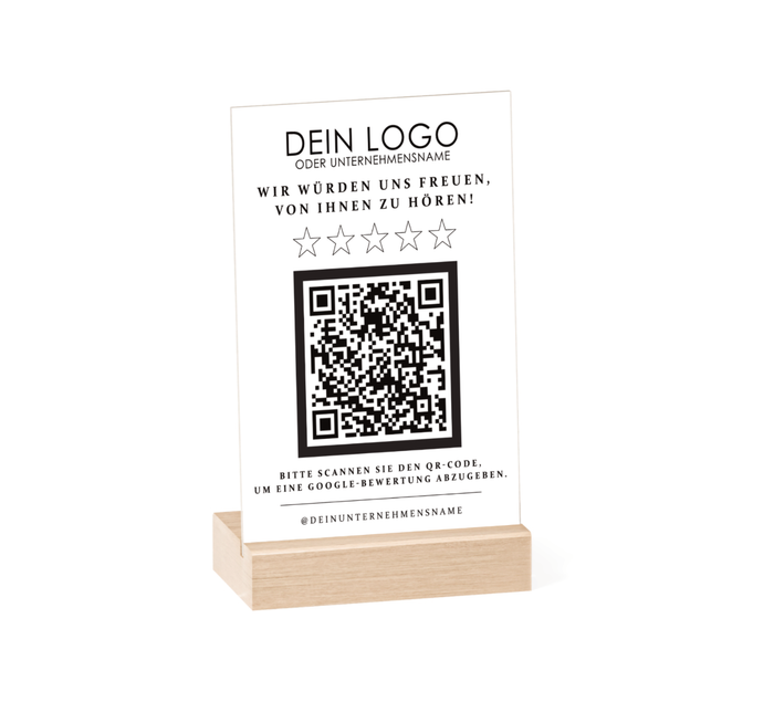 Google Bewertung QR-Code Aufsteller (13x15 cm) Material: Acrylglas + Holzsockel Personalisierung: QR-Code + Logo/Name Entwurf zur Freigabe inklusive Ideal für Tresen, Empfang, Events