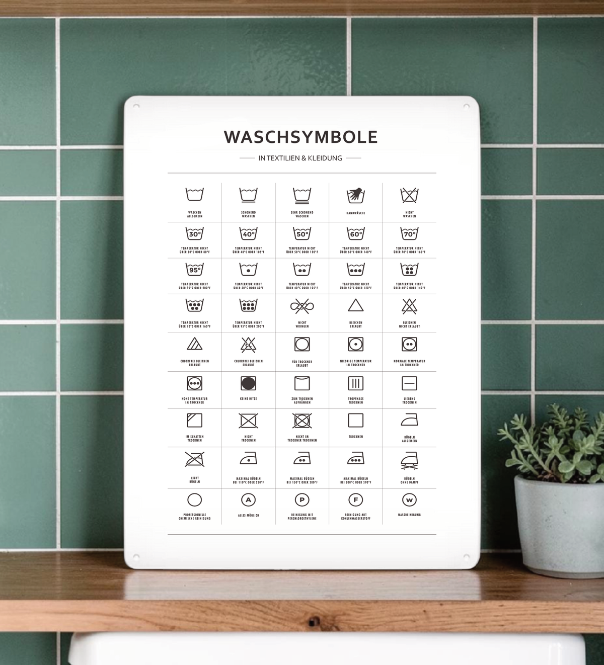 Metall Schild mit Waschsymbolen im A3-Format– ideal für Waschküche oder Badezimmer. Lichtbeständiger UV-Direktdruck - 4/0-farbig bedruckbar. Mit kleinen Vorbohrungen zum Befestigen.
