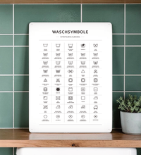 Metall Schild mit Waschsymbolen im A3-Format– ideal für Waschküche oder Badezimmer. Lichtbeständiger UV-Direktdruck - 4/0-farbig bedruckbar. Mit kleinen Vorbohrungen zum Befestigen.