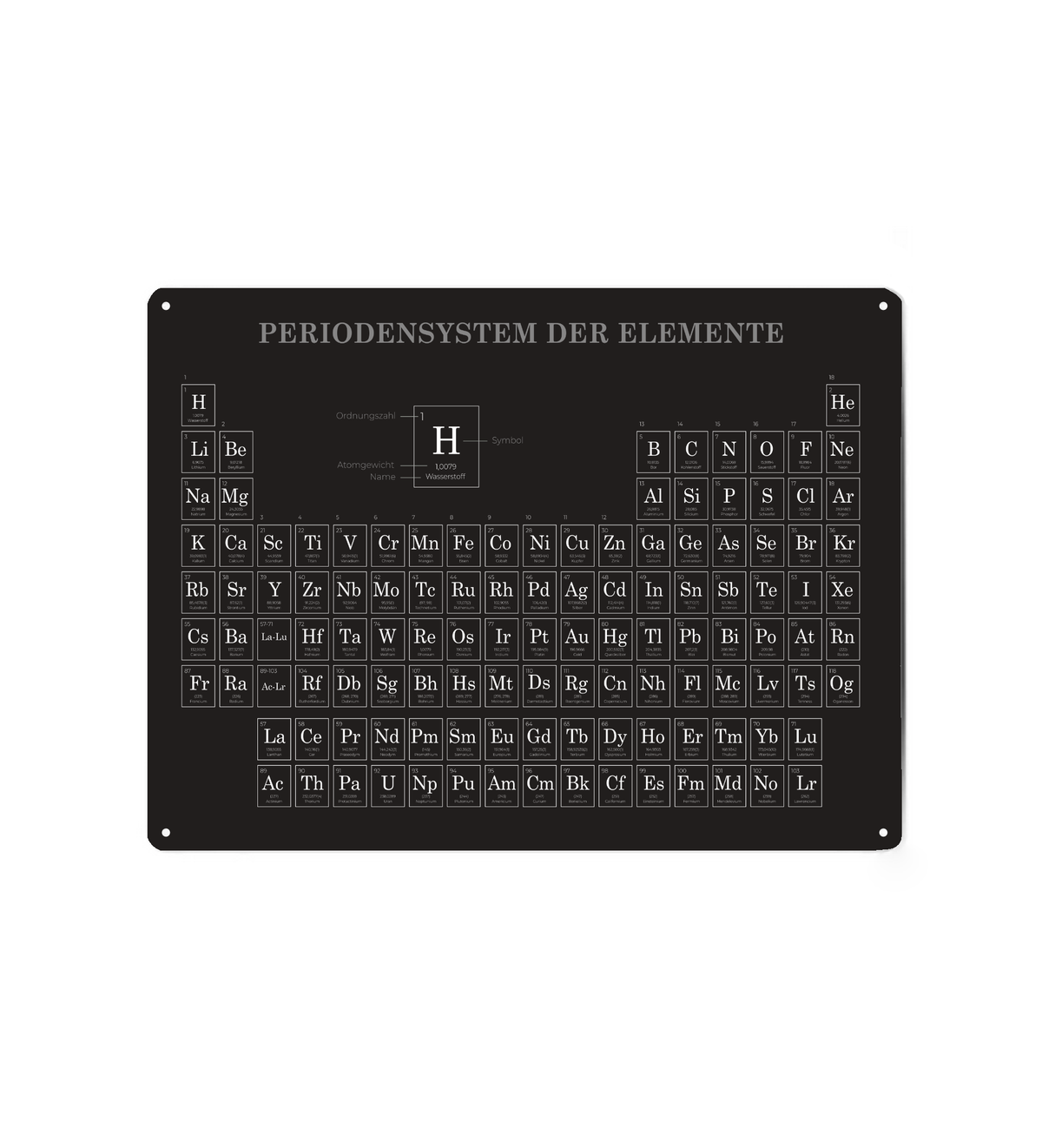 Ein elegantes, modern gestaltetes Metallschild mit dem Periodensystem der Elemente auf Deutsch. Der Hintergrund ist tiefschwarz, die Schrift und die Tabellenlinien sind in kontrastreichem Weiß und Hellgrau gehalten.