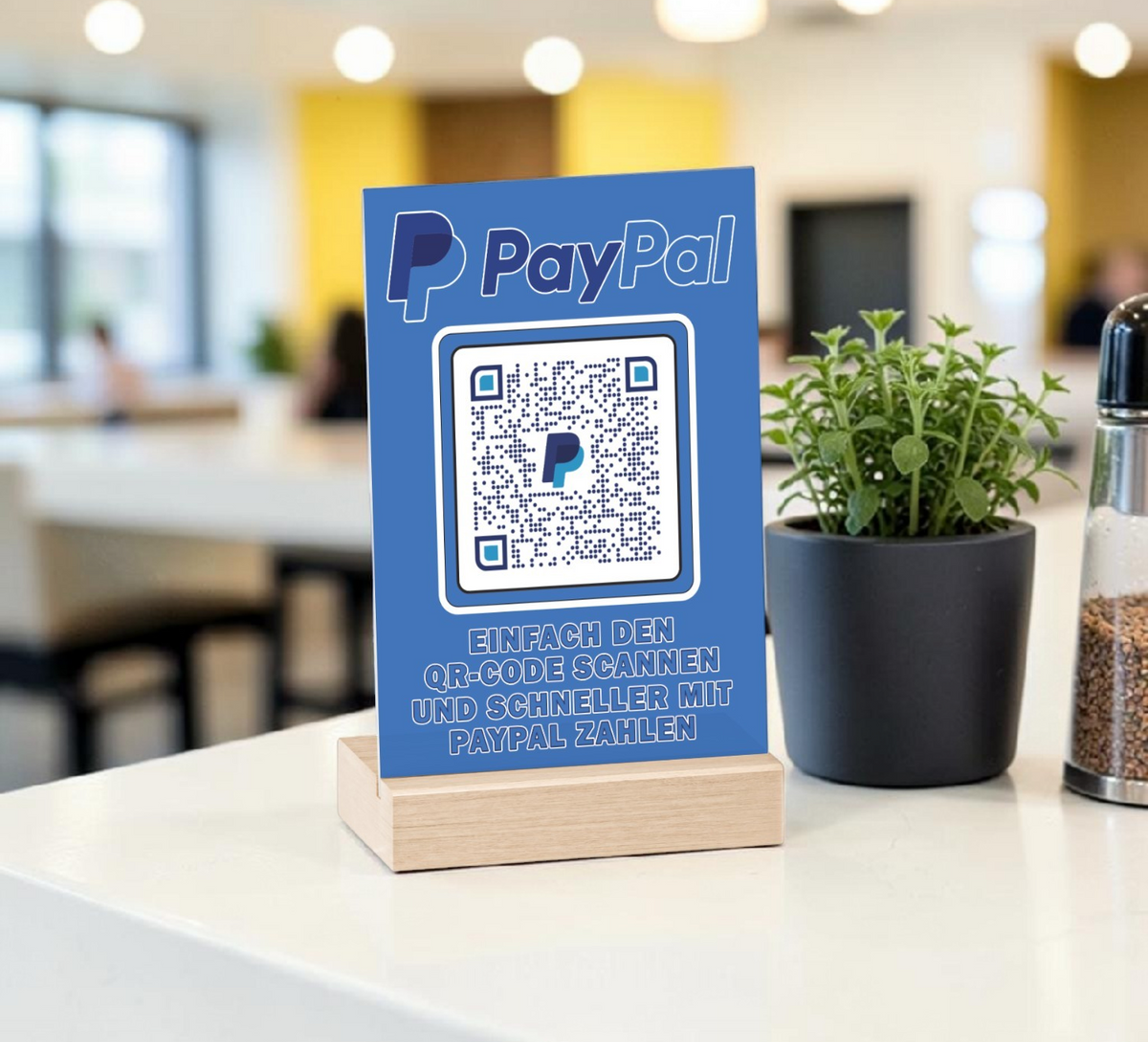 Dieses Acryl-Schild mit Holzfuss ist perfekt, um schnell Bezahlungen über PayPal abzuwickeln. 15x10 cm.