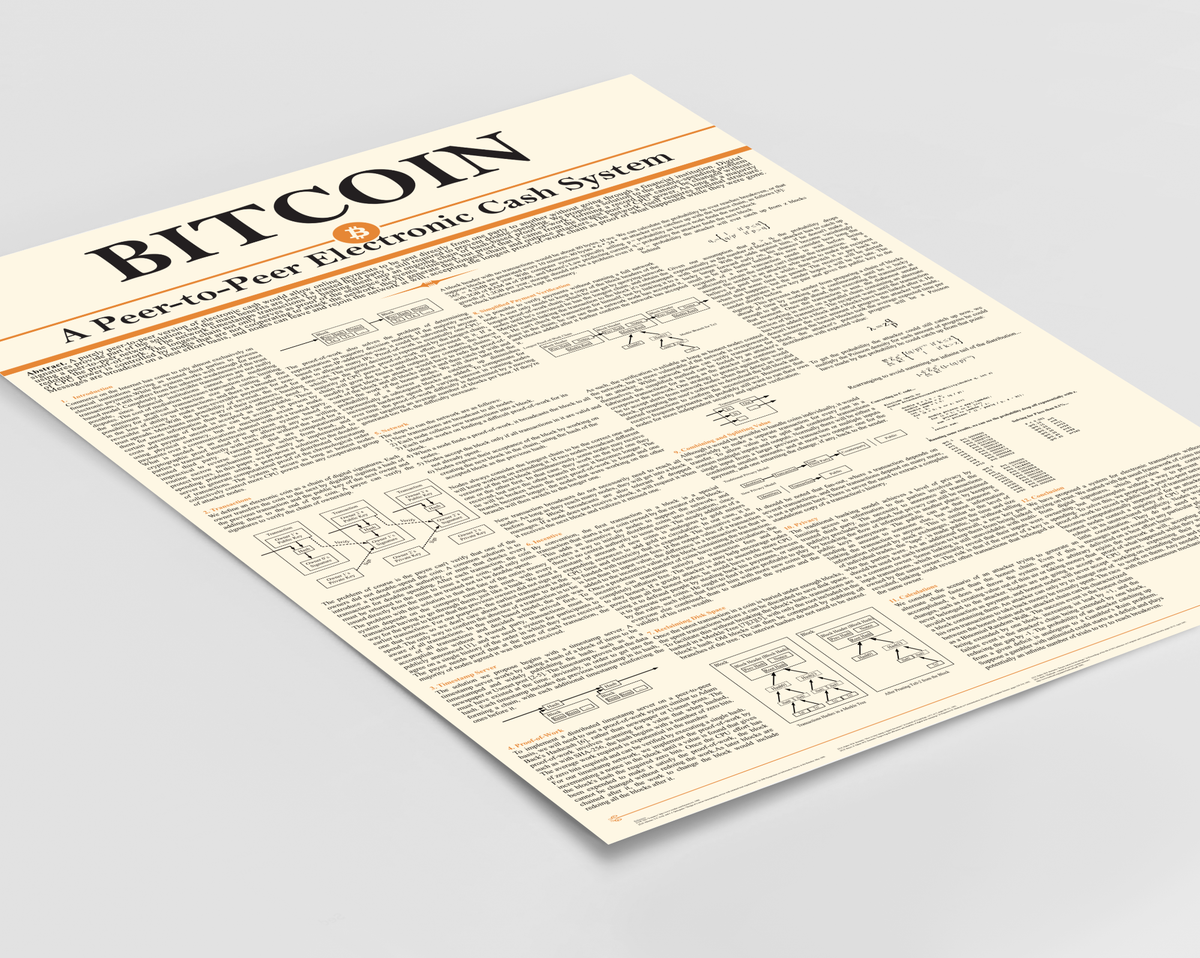 Hochformatiges Krypto-Poster mit dem vollständigen Bitcoin-Whitepaper von Satoshi Nakamoto auf beigem Hintergrund. Am oberen Rand steht in großen, schwarzen Großbuchstaben „BITCOIN“, verziert mit einem kleinen, runden, orangefarbenen Bitcoin-Logo.