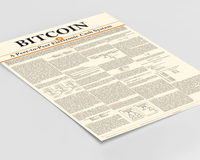 Hochformatiges Krypto-Poster mit dem vollständigen Bitcoin-Whitepaper von Satoshi Nakamoto auf beigem Hintergrund. Am oberen Rand steht in großen, schwarzen Großbuchstaben „BITCOIN“, verziert mit einem kleinen, runden, orangefarbenen Bitcoin-Logo.