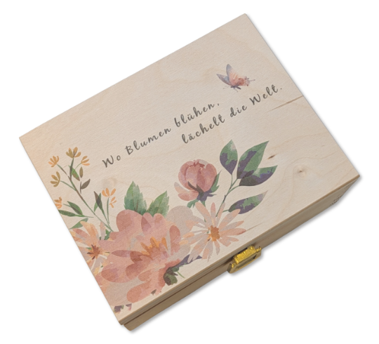 Bedruckte Saatgutbox aus Holz mit floraler Illustration – ideal zur stilvollen Aufbewahrung von Blumensamen, Gartenaccessoires oder als Geschenk für Gartenfreunde.