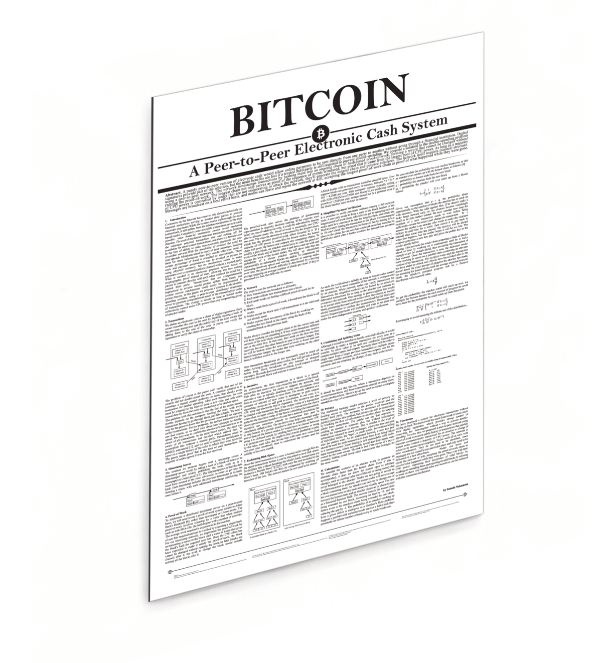 Minimalistisches Krypto-Wandbild des originalen Bitcoin Whitepapers von Satoshi Nakamoto. Erhältlich als als robuster 3mm Alu-Dibond-Direktdruck.