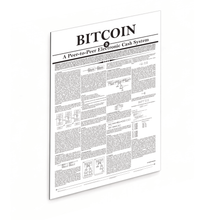 Minimalistisches Krypto-Wandbild des originalen Bitcoin Whitepapers von Satoshi Nakamoto. Erhältlich als als robuster 3mm Alu-Dibond-Direktdruck.