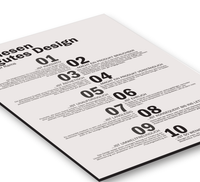 Minimalistisches Wandbild mit den 10 Thesen für gutes Design nach Dieter Rams. Hochwertiger, matter UV-Direktdruck auf einer stabilen 3mm Alu-Dibond Platte im Format 30x40 cm.