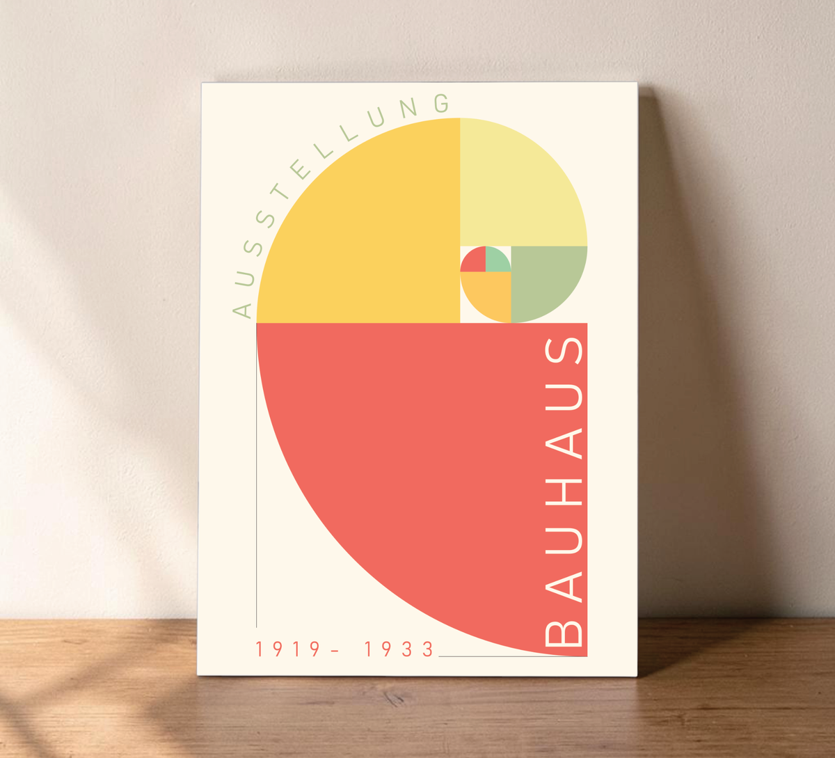 Minimalistisches Bauhaus-Wandbild auf Alu-Dibond, Motiv Goldener Schnitt und Fibonacci-Spirale, 30x40 cm, hochwertige matte Metall-Optik.