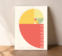 Minimalistisches Bauhaus-Wandbild auf Alu-Dibond, Motiv Goldener Schnitt und Fibonacci-Spirale, 30x40 cm, hochwertige matte Metall-Optik.