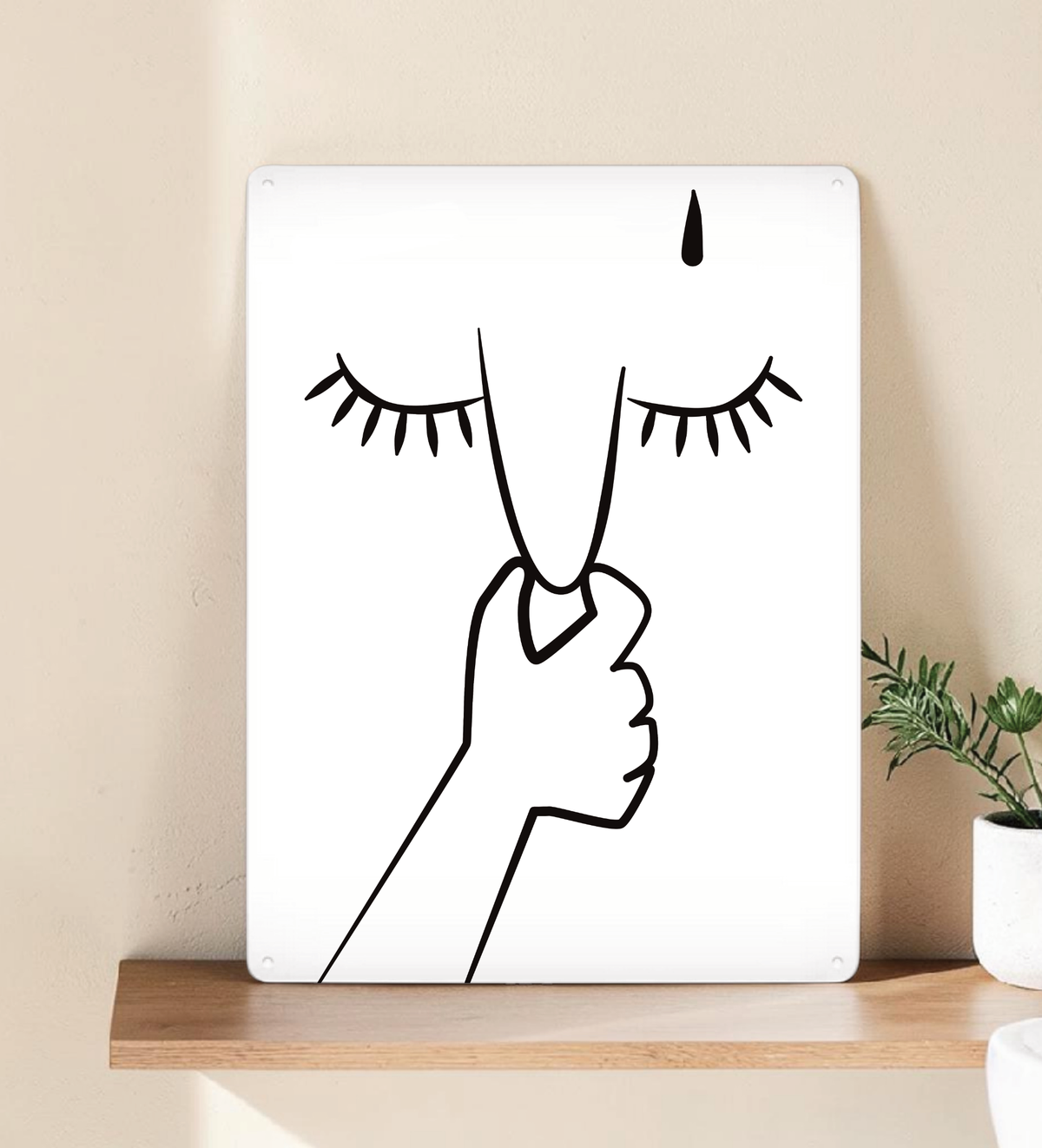 Witziges rechteckiges Blechschild für das Badezimmer mit einem humorvollen Motiv (Person hält sich die Nase zu) auf hochwertigem Metall, vier vorgebohrte Löcher zur Wandmontage.