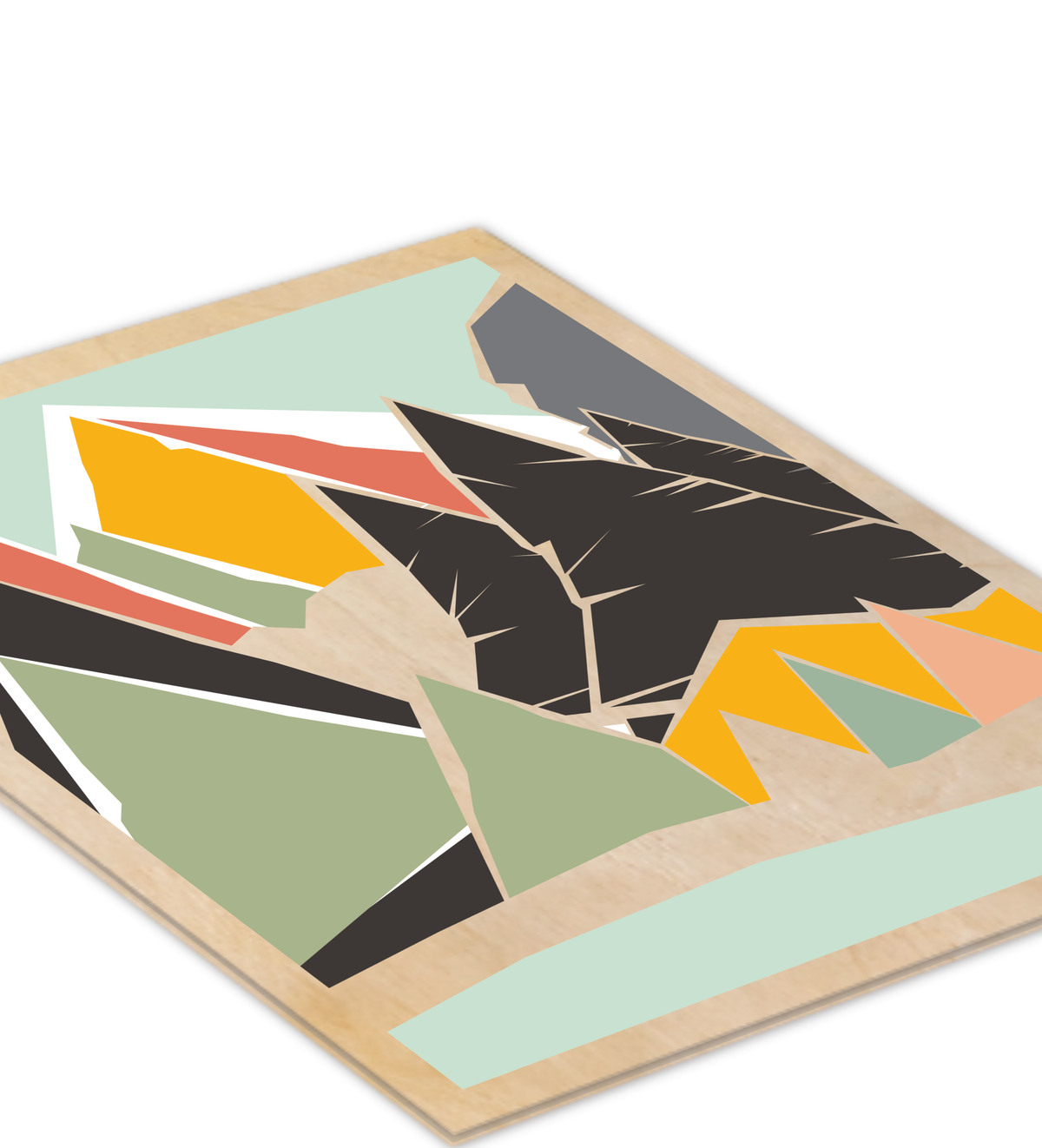 Illustration einer weiten Berglandschaft der Alpen, gedruckt auf einer 9mm dicken Birkensperrholz-Platte mit sichtbarer Holzmaserung. Format 30x40 cm, rustikaler und moderner Look.