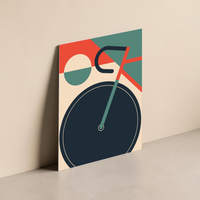 Modernes Fahrrad-Kunstwerk im Mid-Century Stil als UV-Direktdruck auf einer 3mm Alu-Dibond Platte, 30x40 cm, minimalistisches Design für Wanddekoration.
