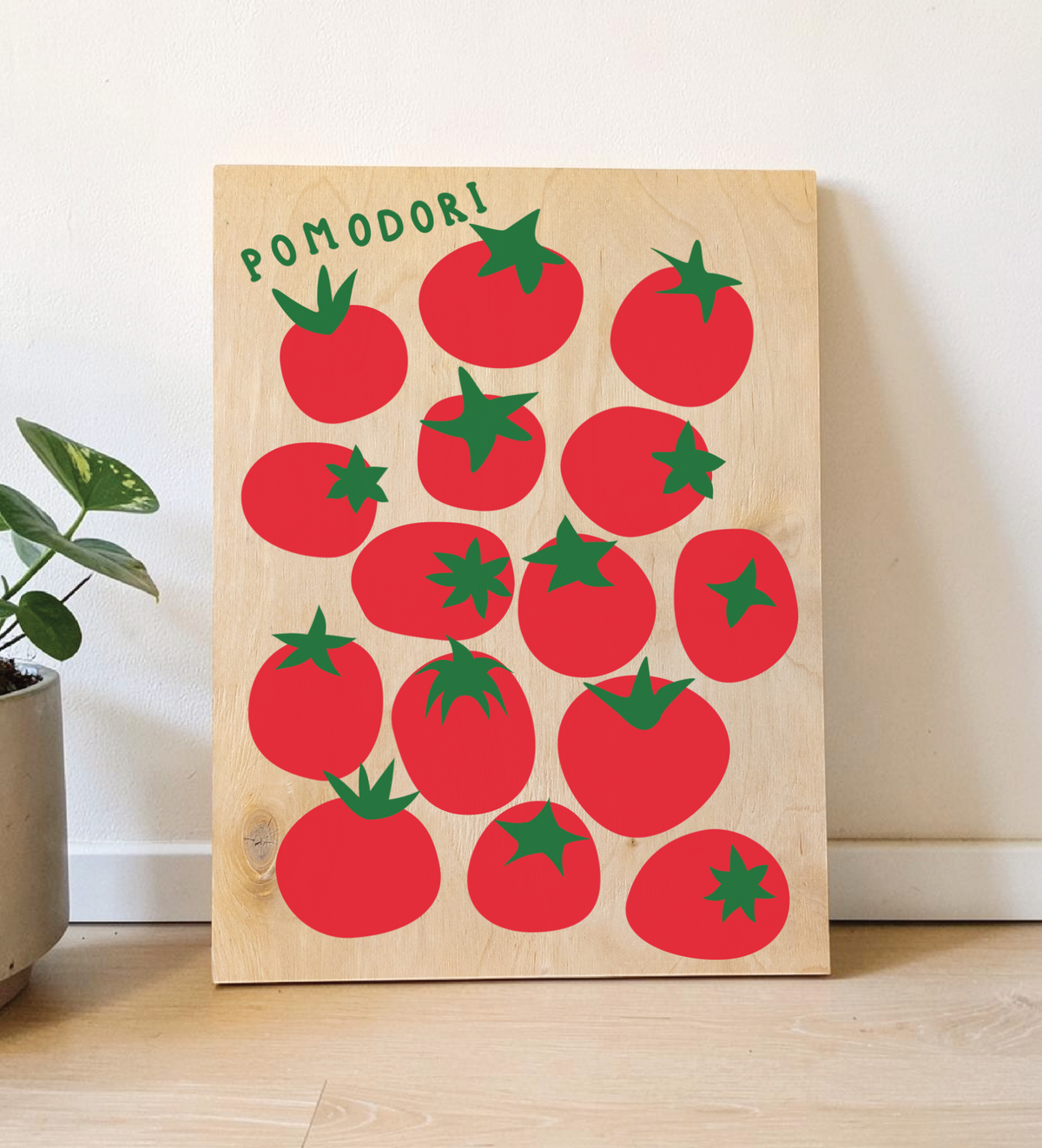 Vintage-Illustration von roten Tomaten auf einer stabilen Birkenholzplatte, Format 30x40 cm, rustikale Küchendekoration im italienischen Stil.