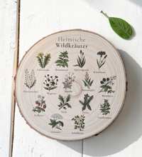 Kreisrunde, rustikale Holzscheibe mit natürlicher Rinde, auf die 16 detailreiche, farbige Vintage-Illustrationen heimischer Wildkräuter und Bäume mit ihren Namen im Kreis angeordnet gedruckt sind. In der Mitte steht der Titel „Heimische Wildkräuter“ in eleganter Schrift.